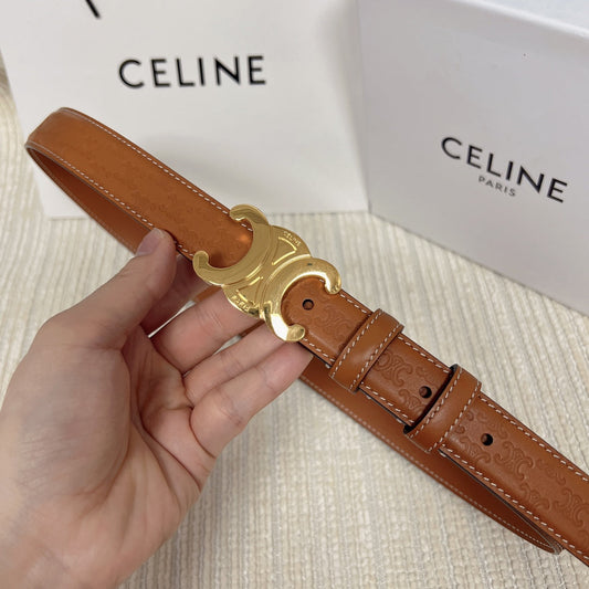 Medium Triomphe Belt 25mm Tan Calfskin with Triomphe Embossed Ghw - 30