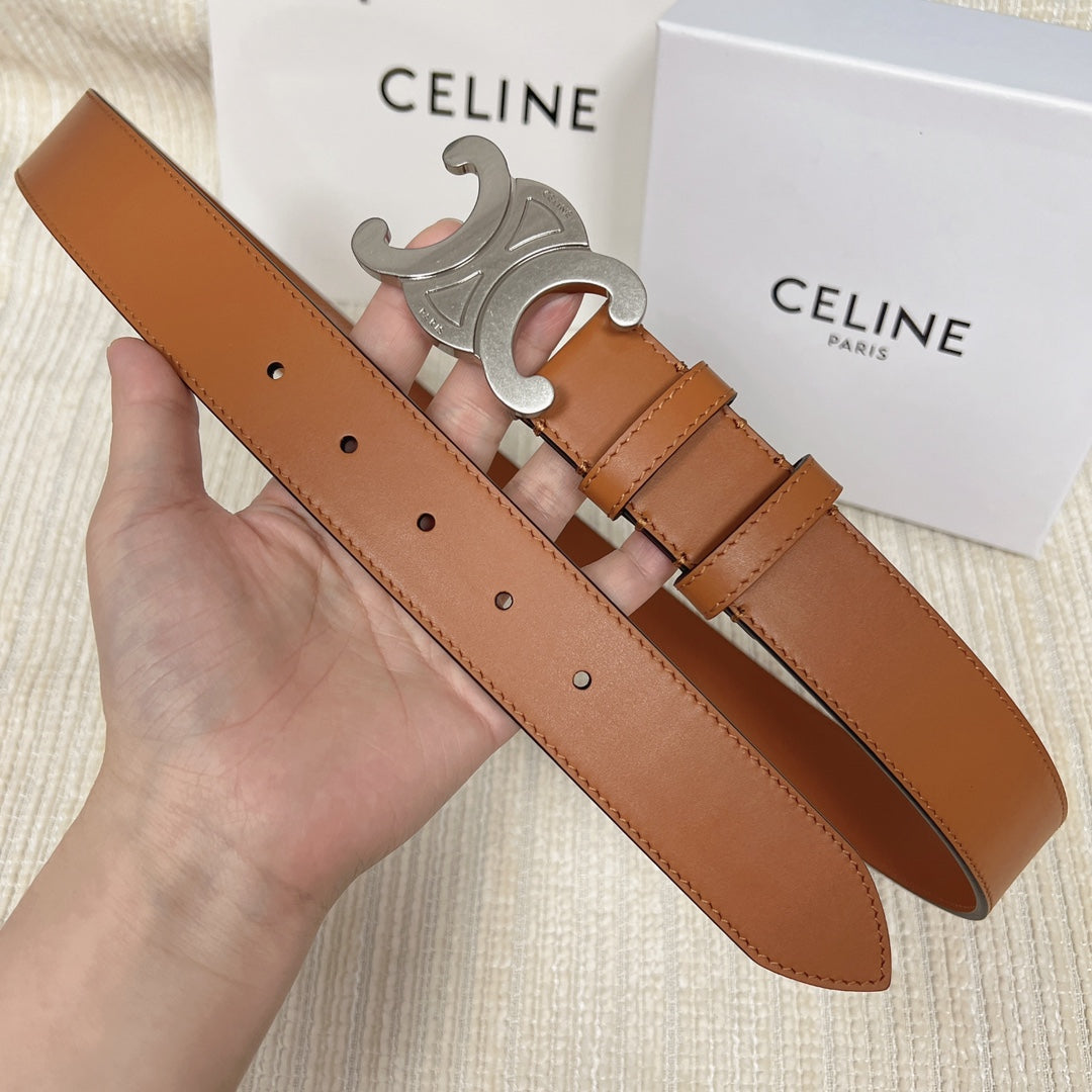 Medium Triomphe Belt 25mm Tan Calfskin Silver Finishing - 30
