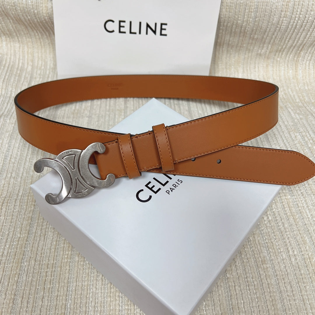 Medium Triomphe Belt 25mm Tan Calfskin Silver Finishing - 30