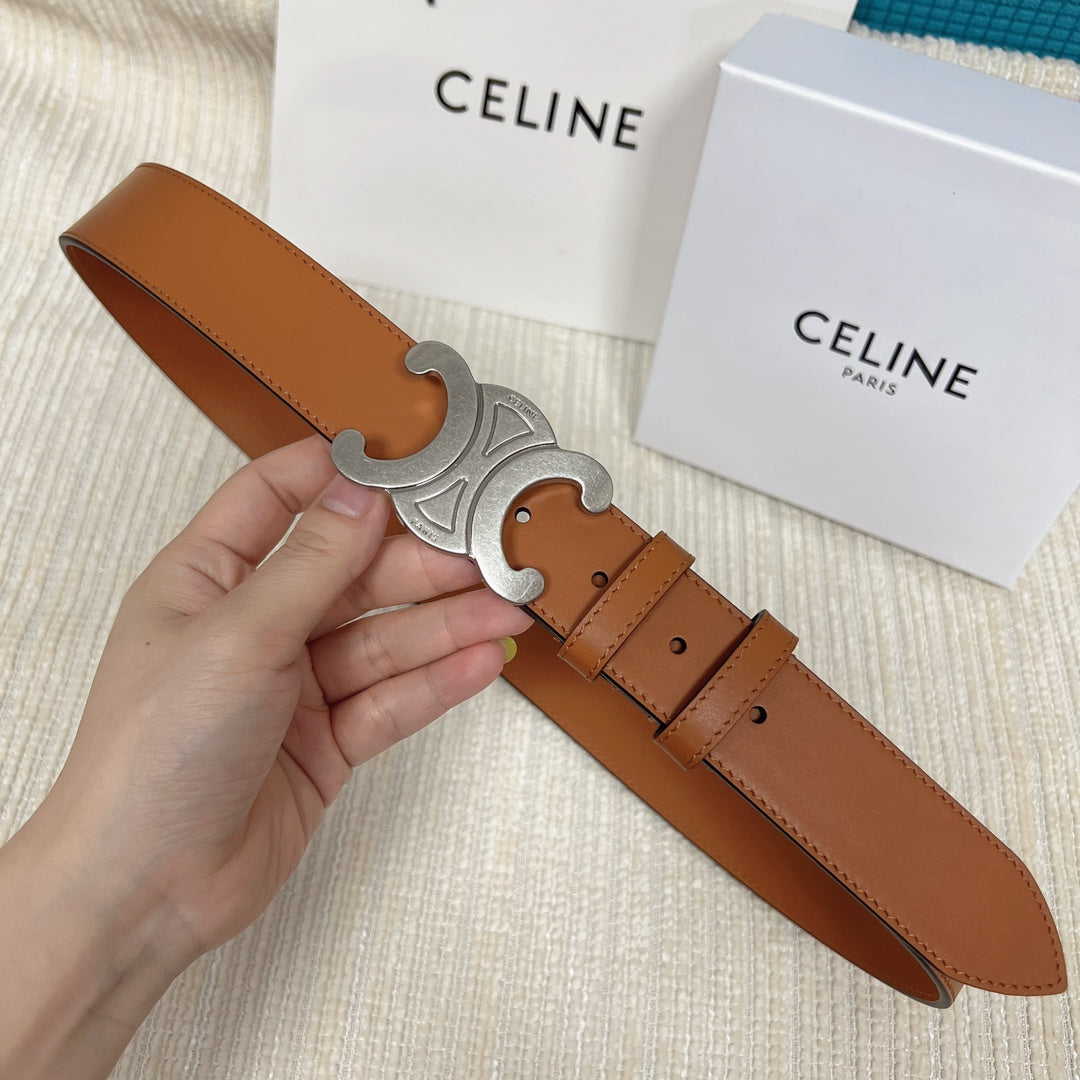 Medium Triomphe Belt 25mm Tan Calfskin Silver Finishing - 30