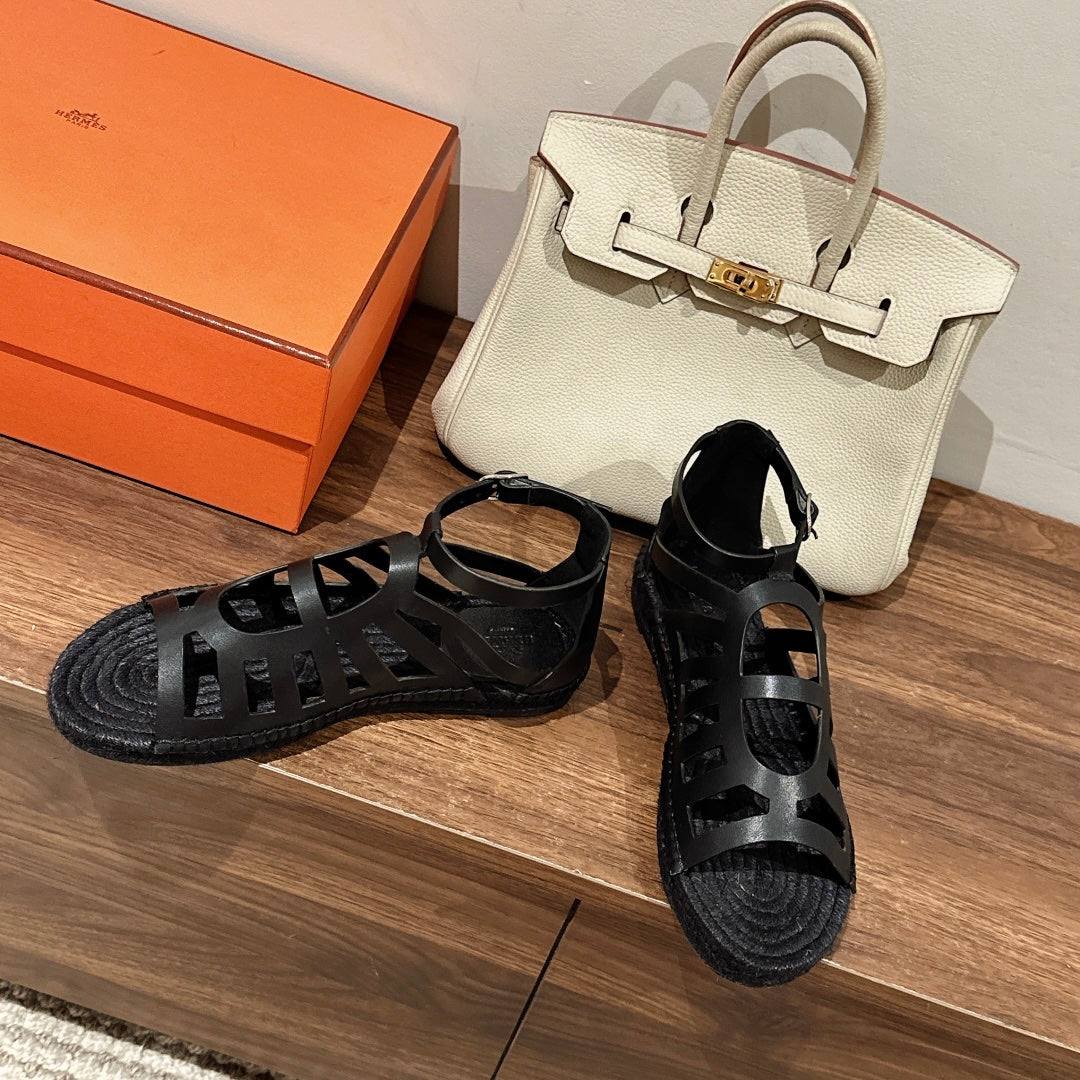 STRAW SOLE SANDAL BLACK LAMBSKIN - 35