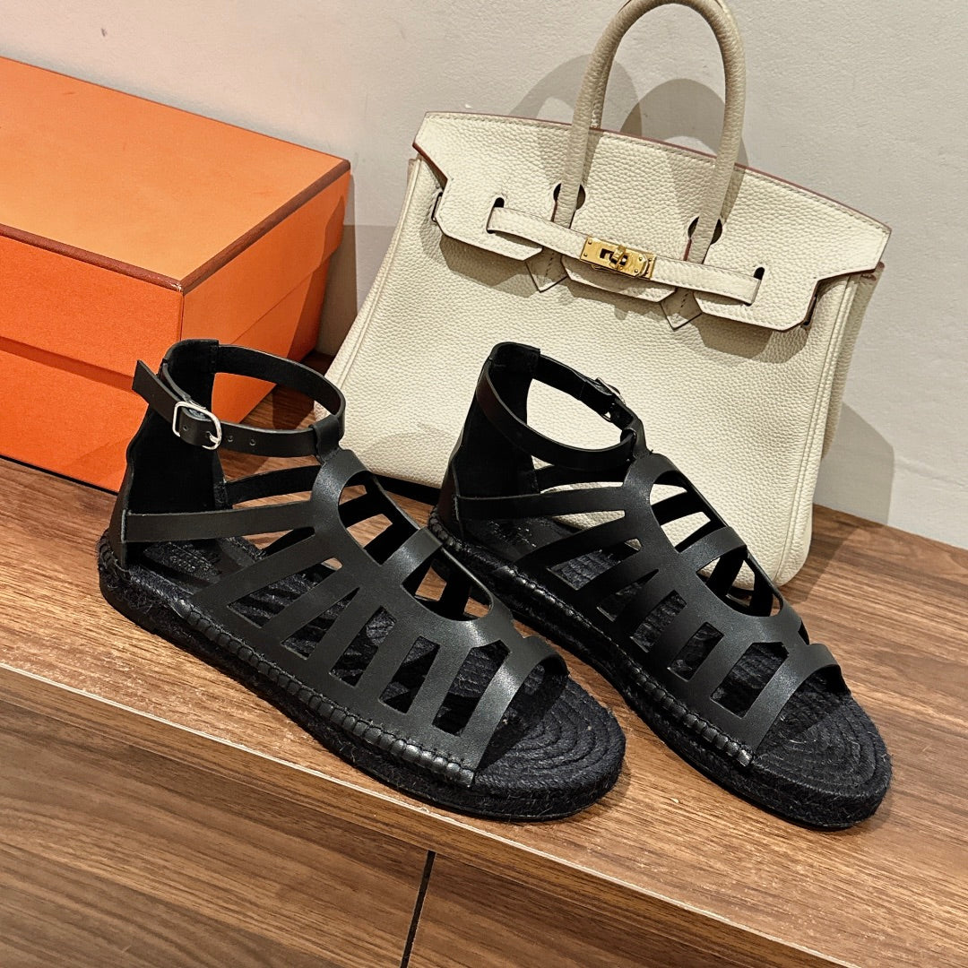 STRAW SOLE SANDAL BLACK LAMBSKIN - 35