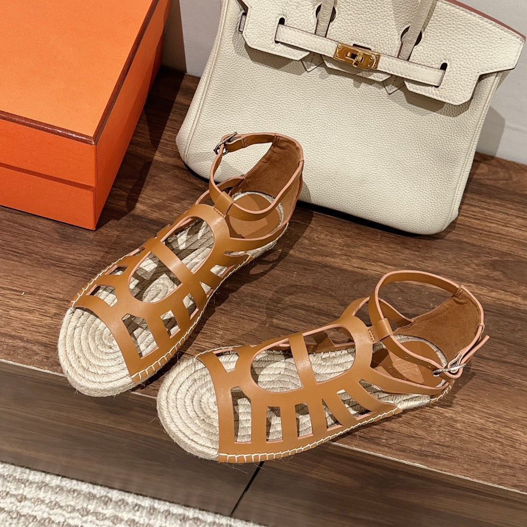STRAW SOLE SANDAL CARAMEL LAMBSKIN - 35
