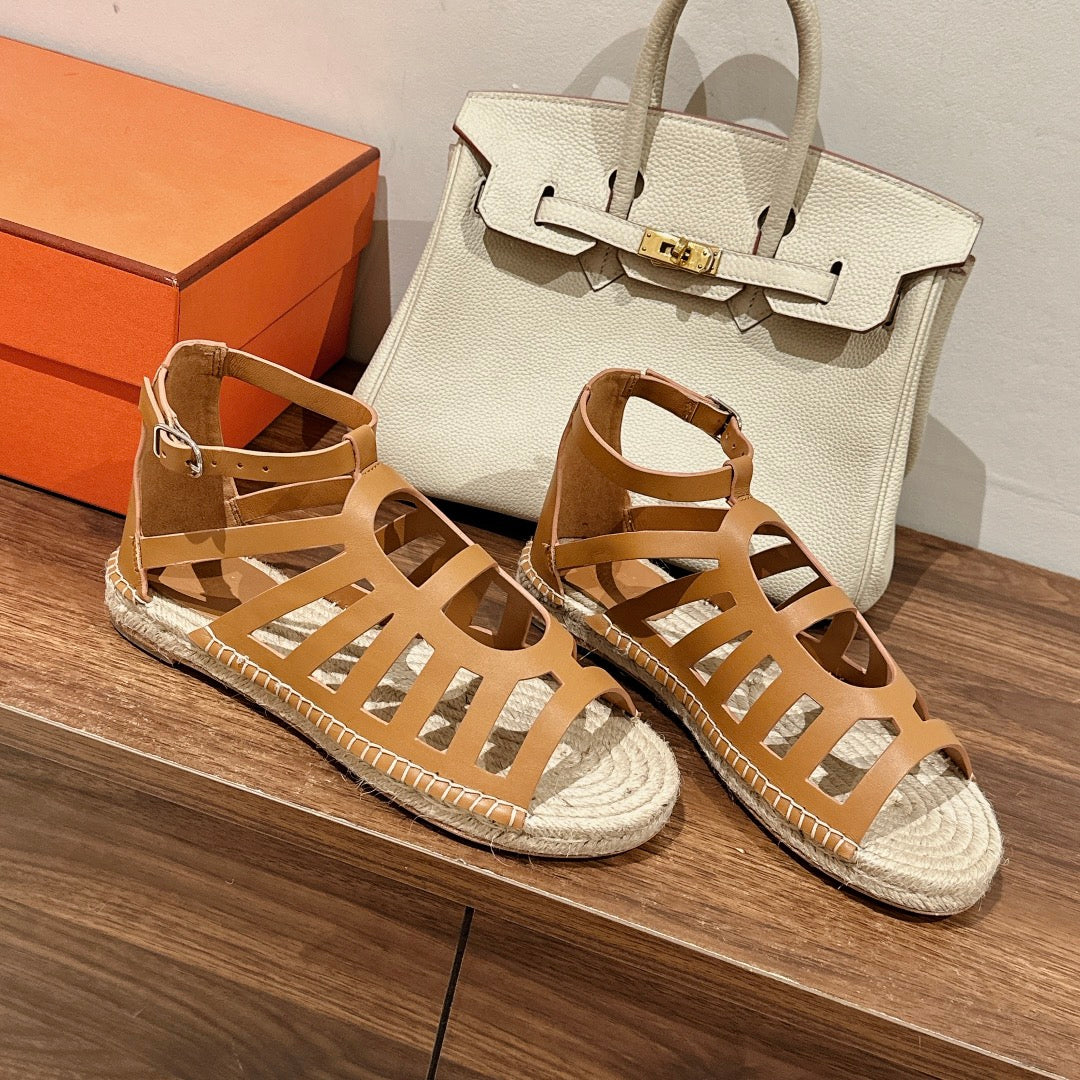STRAW SOLE SANDAL CARAMEL LAMBSKIN - 35