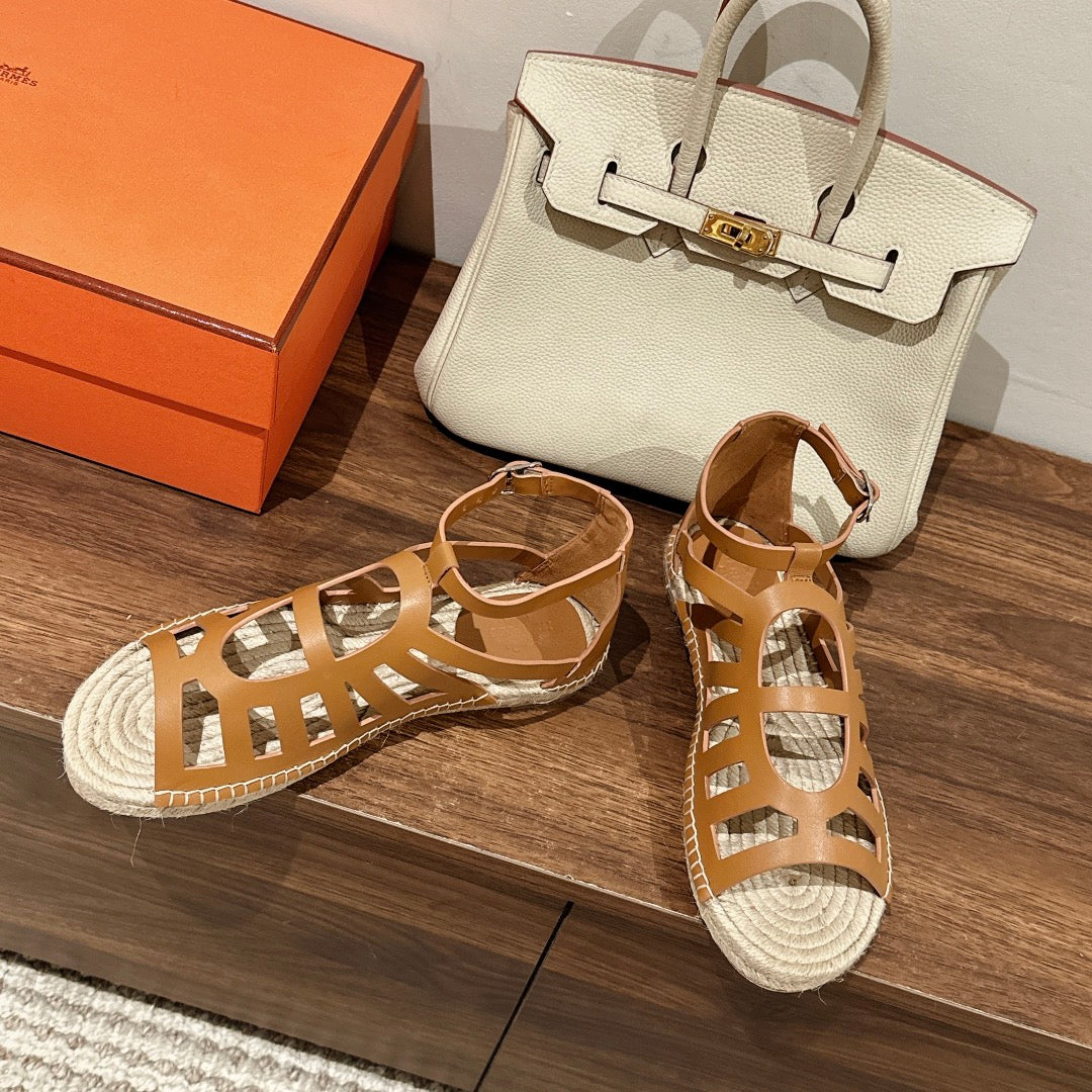 STRAW SOLE SANDAL CARAMEL LAMBSKIN - 35