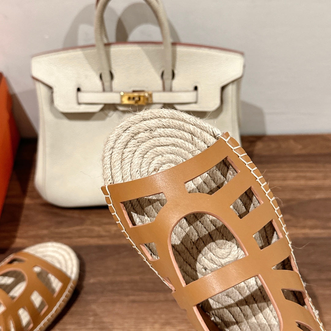 STRAW SOLE SANDAL CARAMEL LAMBSKIN - 35