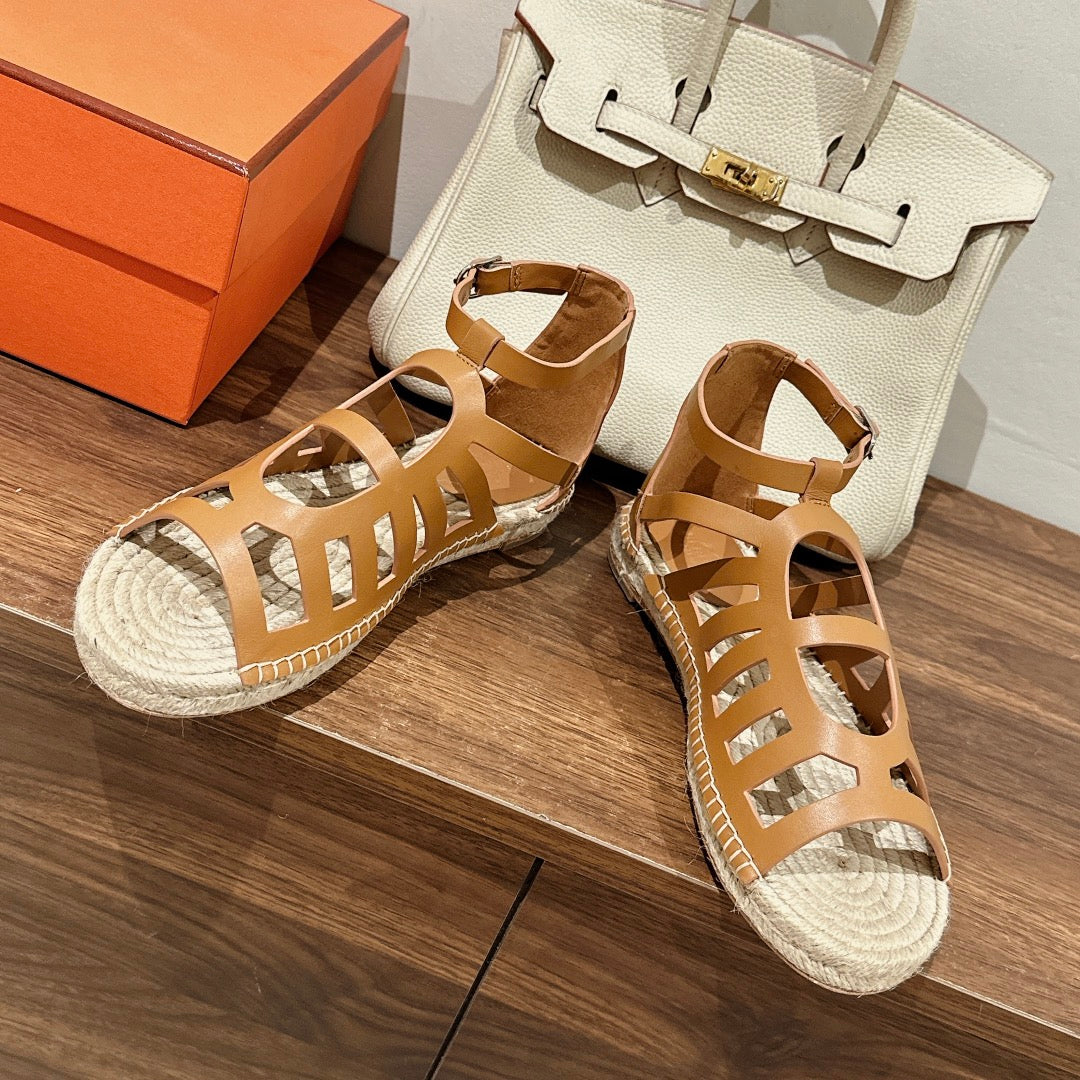 STRAW SOLE SANDAL CARAMEL LAMBSKIN - 35