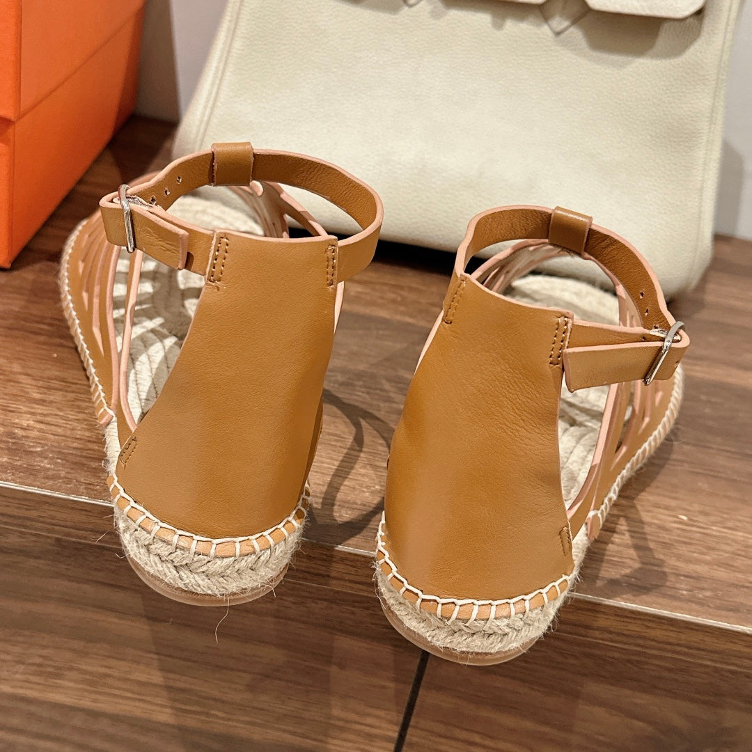 STRAW SOLE SANDAL CARAMEL LAMBSKIN - 35