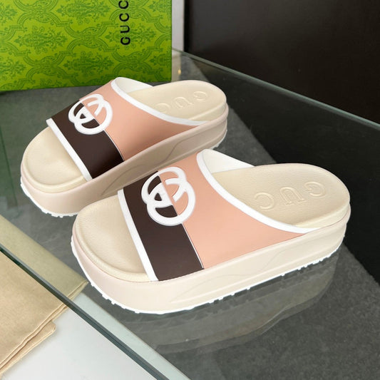 INTERLOCKING G SLIDE SANDAL IN WHITE CREAM MIX COLORFUL IMPORTED TPU - 35