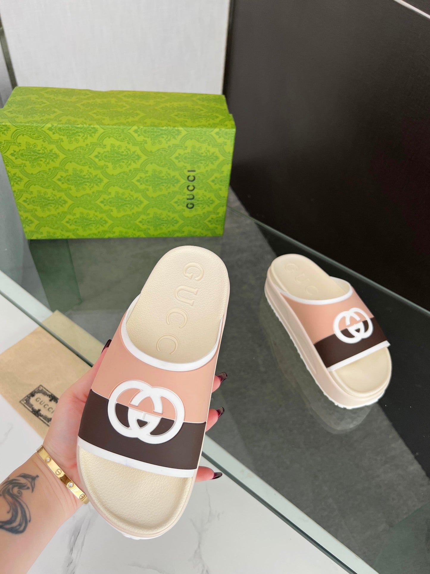 INTERLOCKING G SLIDE SANDAL IN WHITE CREAM MIX COLORFUL IMPORTED TPU - 35