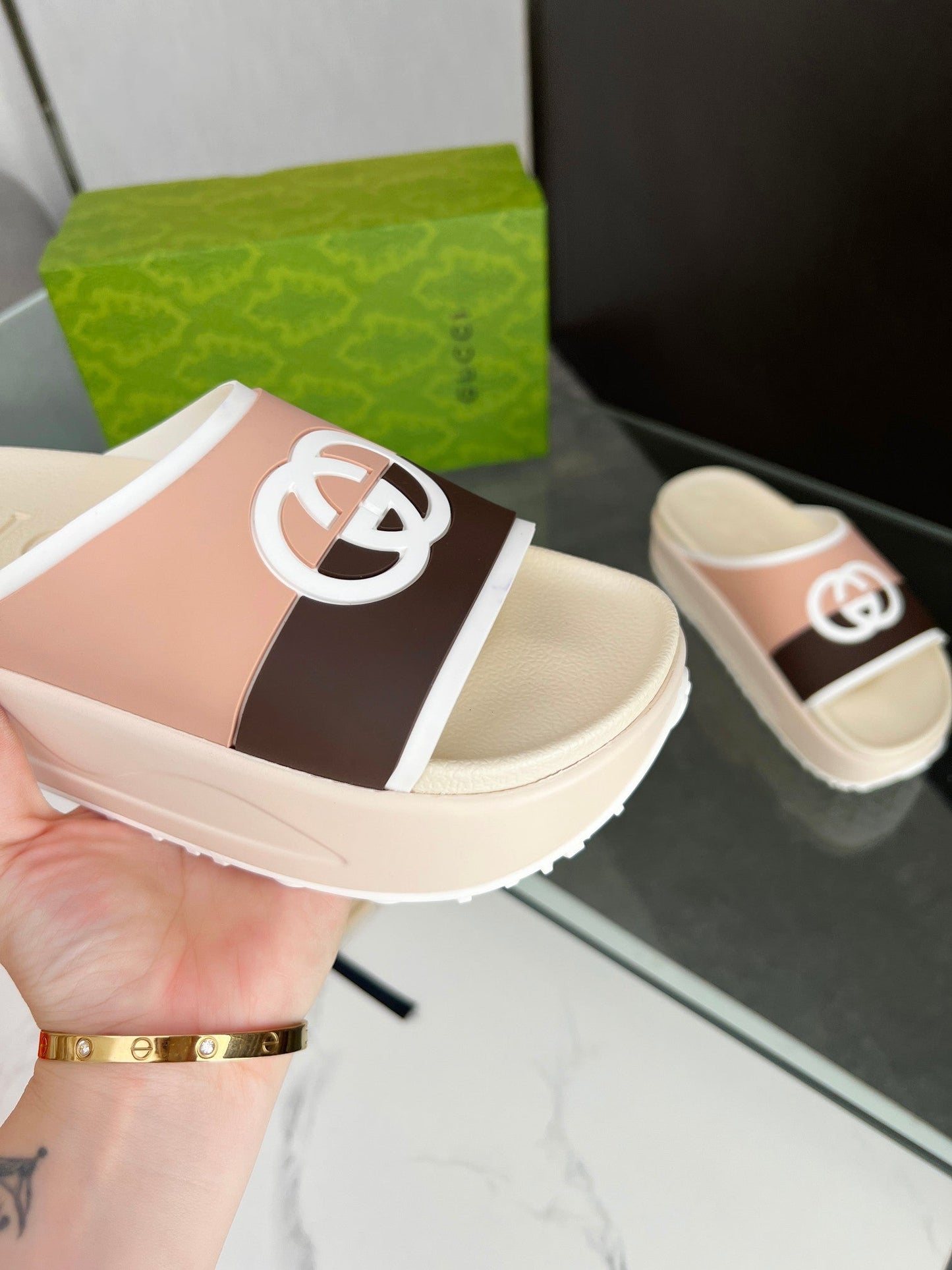 INTERLOCKING G SLIDE SANDAL IN WHITE CREAM MIX COLORFUL IMPORTED TPU - 35