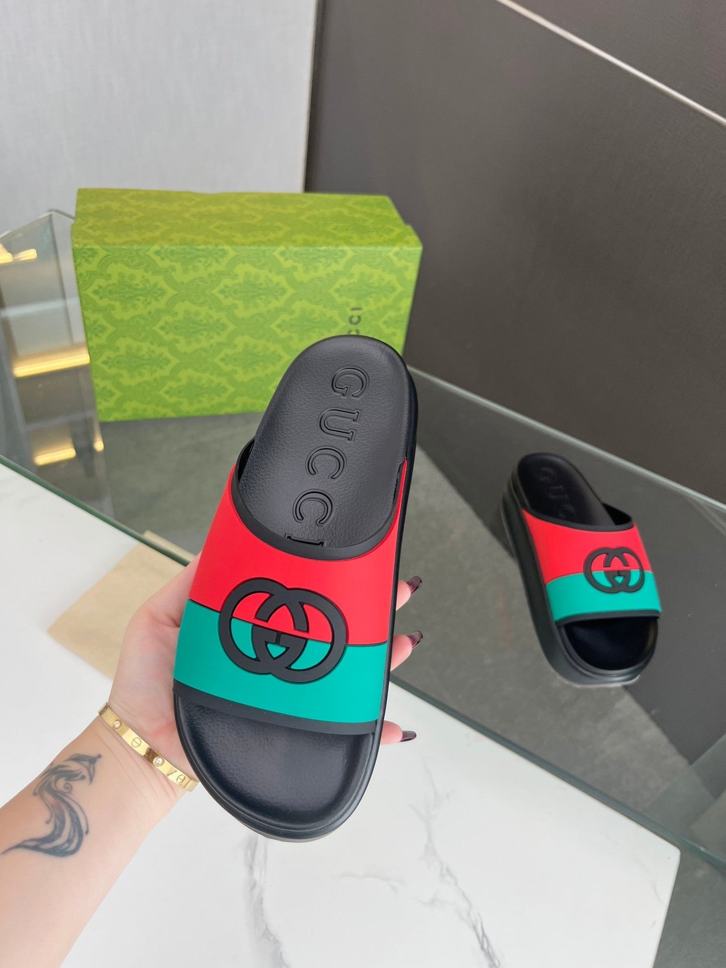 INTERLOCKING G SLIDE SANDAL IN BLACK MIX COLORFUL IMPORTED TPU - 35