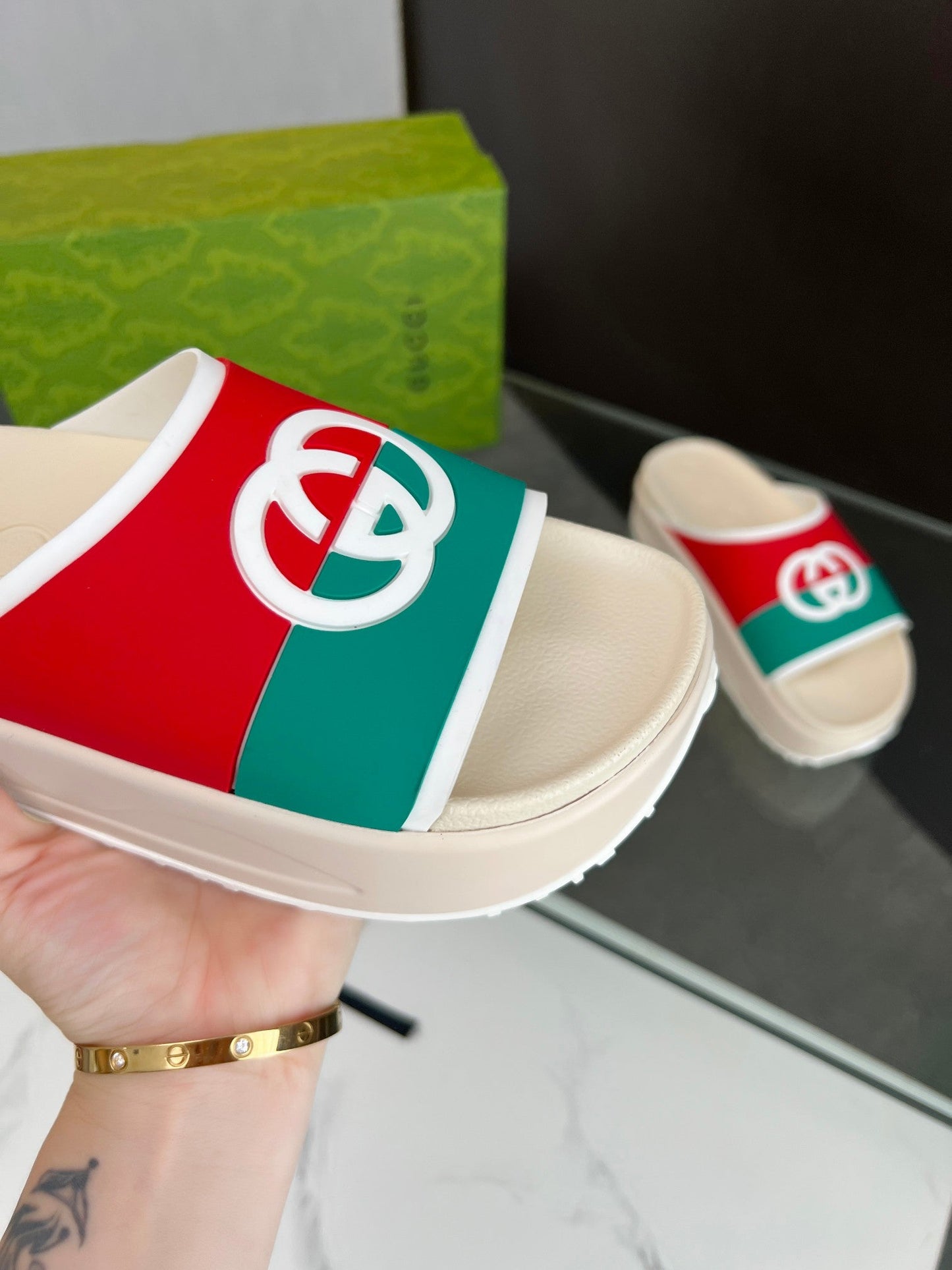 INTERLOCKING G SLIDE SANDAL IN WHITE MIX COLORFUL IMPORTED TPU - 35