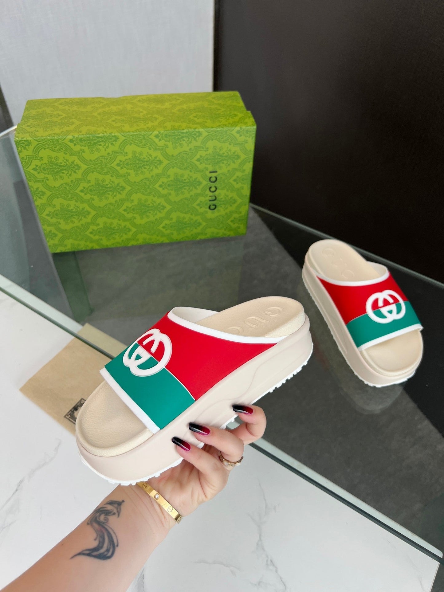 INTERLOCKING G SLIDE SANDAL IN WHITE MIX COLORFUL IMPORTED TPU - 35