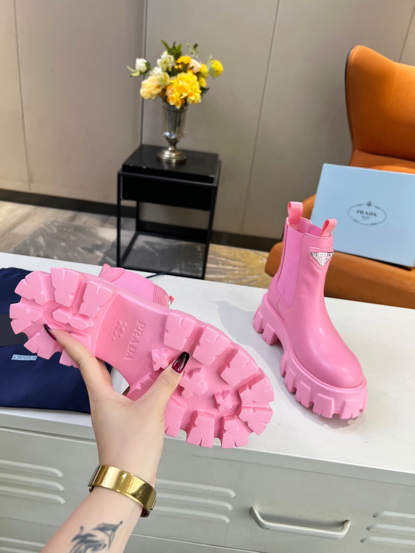 PRA MONOLITH BRUSHED BOOTIES 55 BRIGHT PINK CALFSKIN - 35