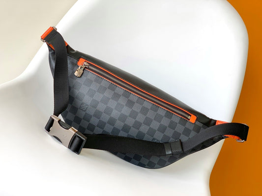 LV 25S BUMBAG 37 З ЧОРНОЇ ТА ПОМАРАНЧЕВОЇ ШКІРИ ТЕЛЯТИ З ПОКРИТТЯМ MONOGRAM