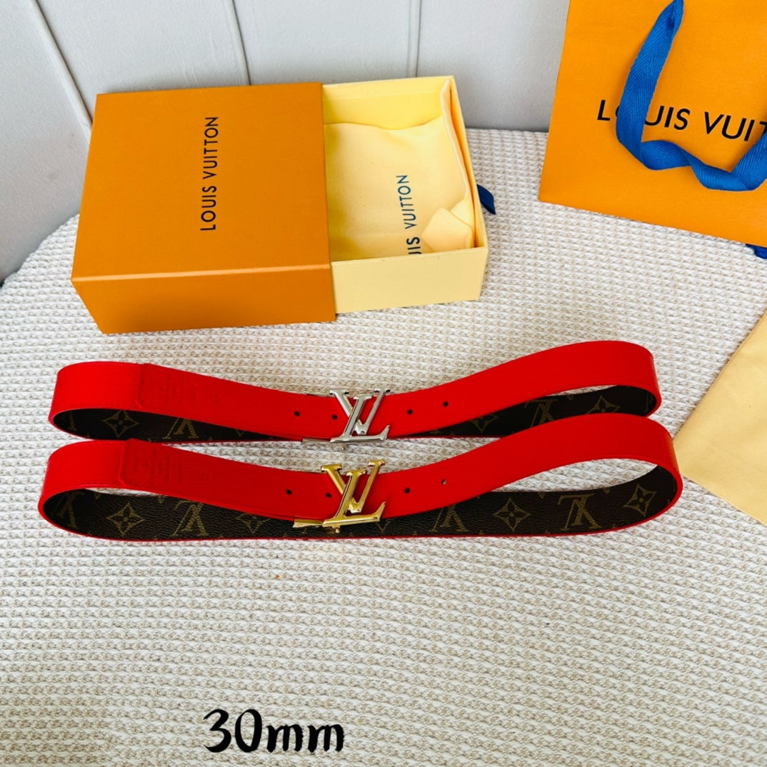 LV Initiales 30mm Reversible Belt Gold Rotating Buckle Red Brown Leather - 30