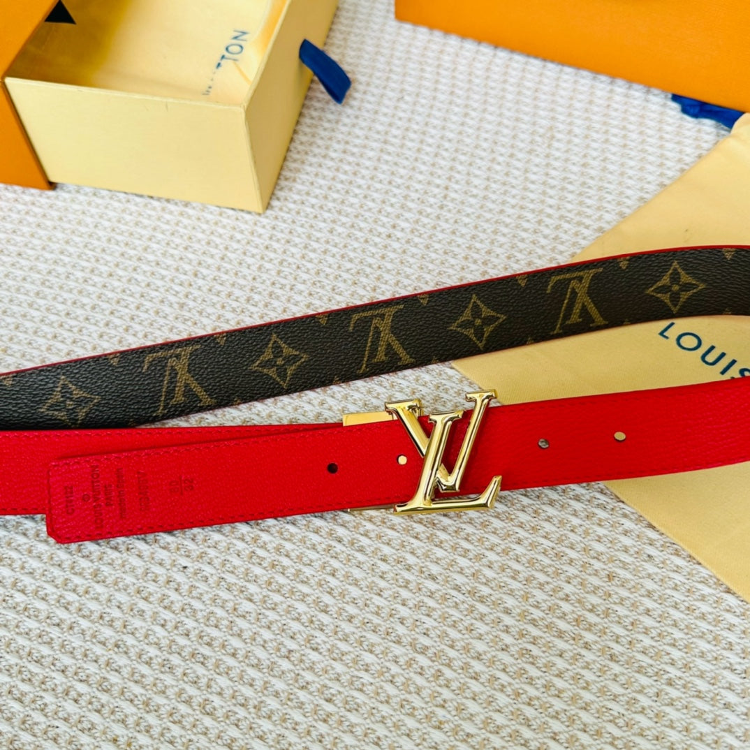 LV Initiales 30mm Reversible Belt Gold Rotating Buckle Red Brown Leather - 30