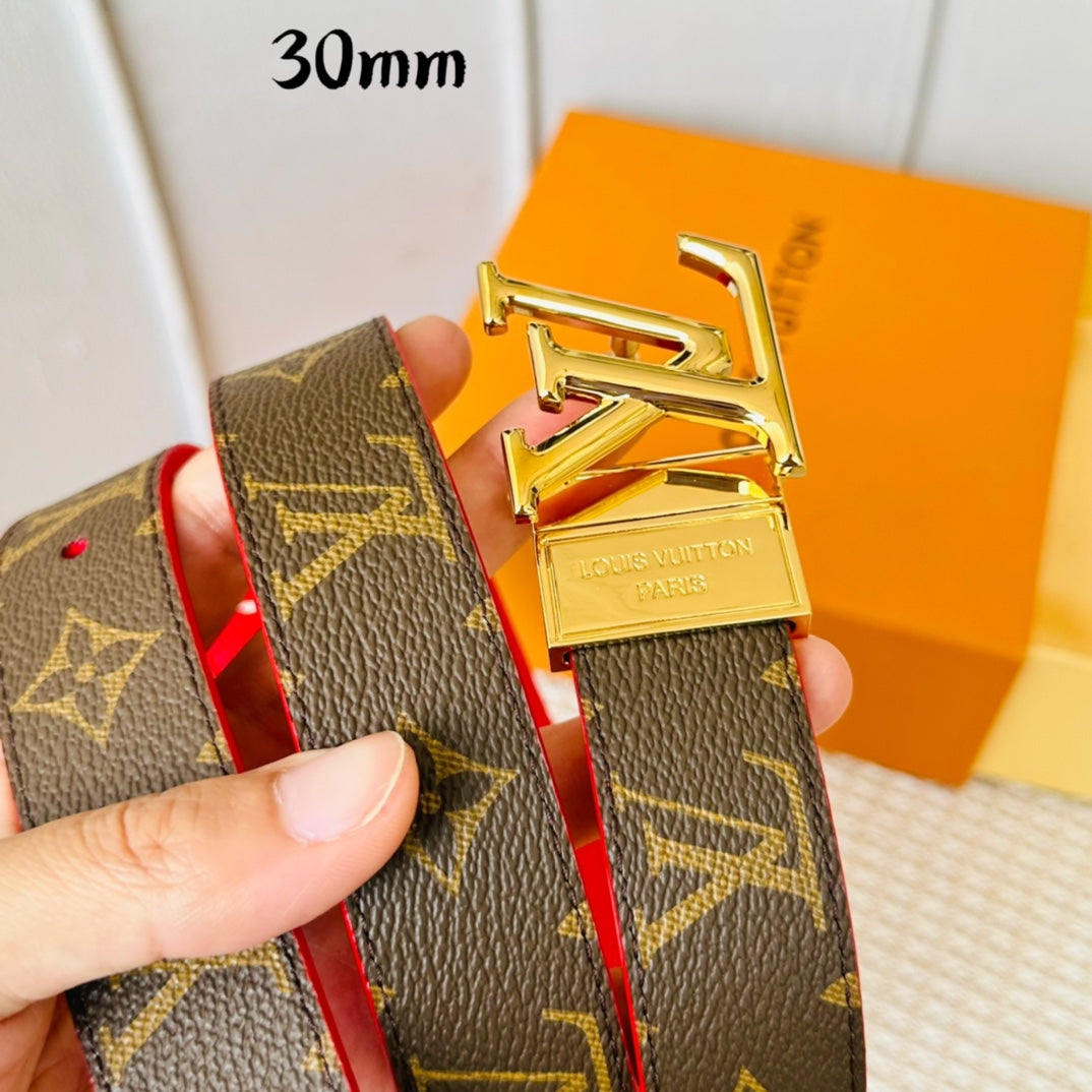 LV Initiales 30mm Reversible Belt Gold Rotating Buckle Red Brown Leather - 30