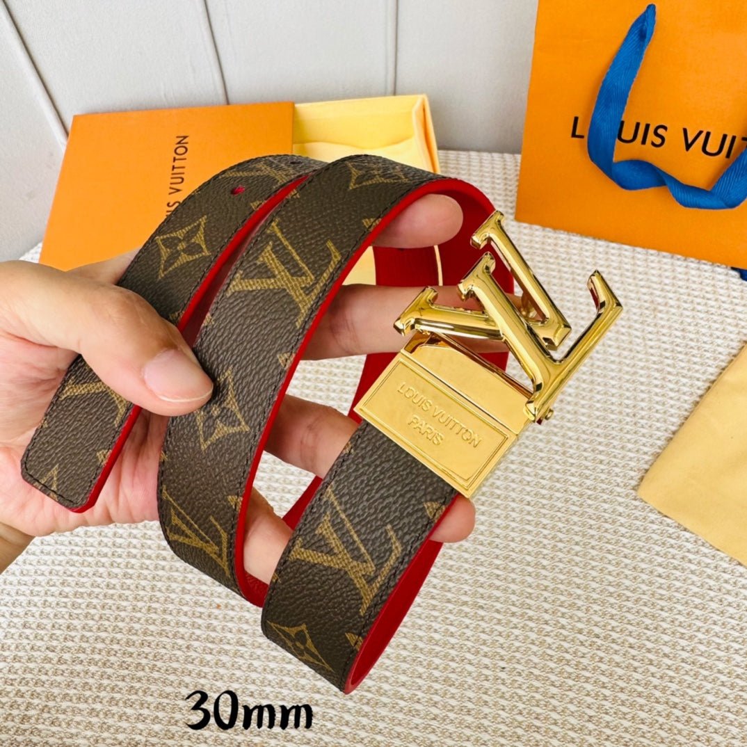 LV Initiales 30mm Reversible Belt Gold Rotating Buckle Red Brown Leather - 30
