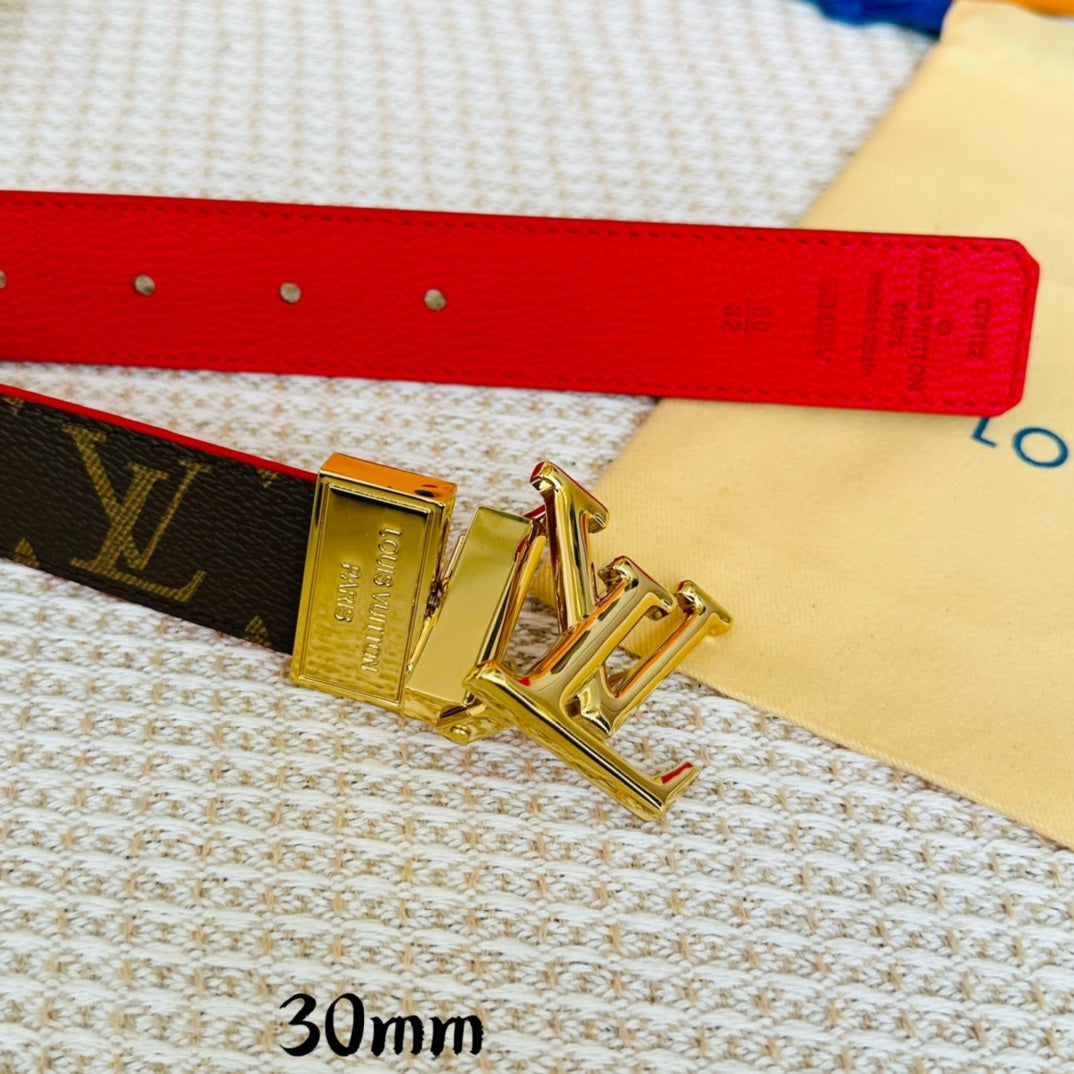 LV Initiales 30mm Reversible Belt Gold Rotating Buckle Red Brown Leather - 30
