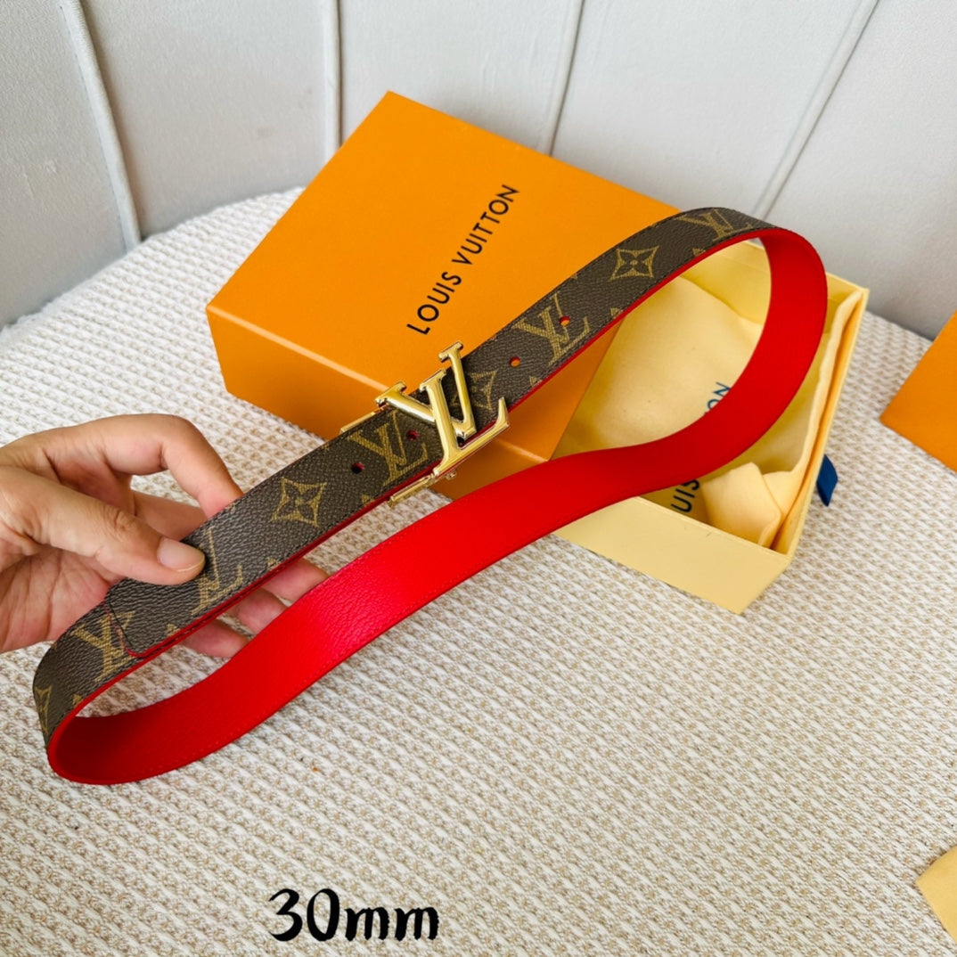 LV Initiales 30mm Reversible Belt Gold Rotating Buckle Red Brown Leather - 30