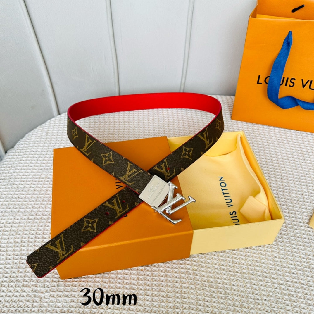 LV Initiales 30mm Reversible Belt Silver Rotating Buckle Red Brown Leather - 30