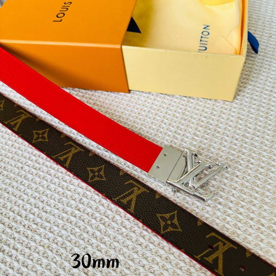 LV Initiales 30mm Reversible Belt Silver Rotating Buckle Red Brown Leather - 30
