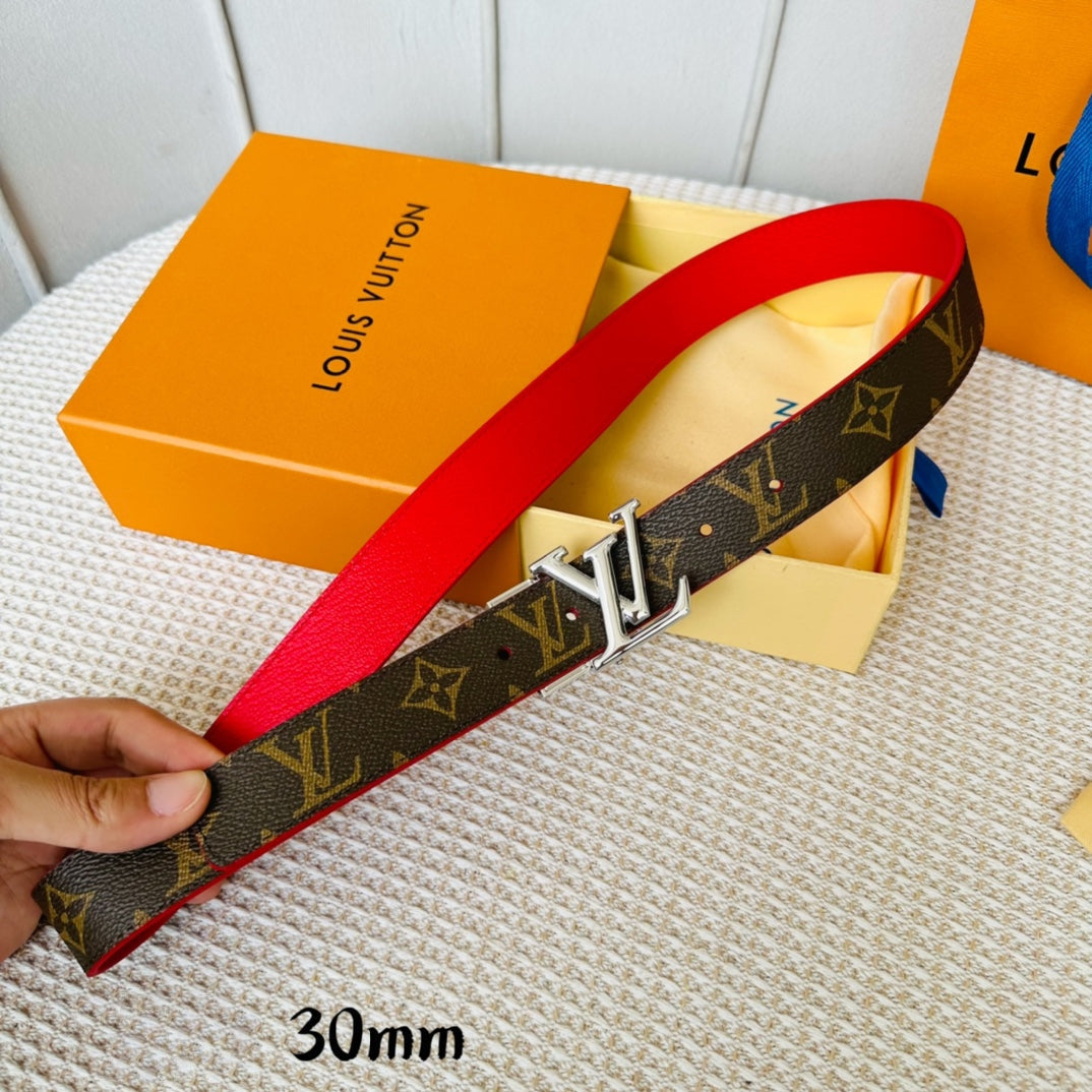 LV Initiales 30mm Reversible Belt Silver Rotating Buckle Red Brown Leather - 30