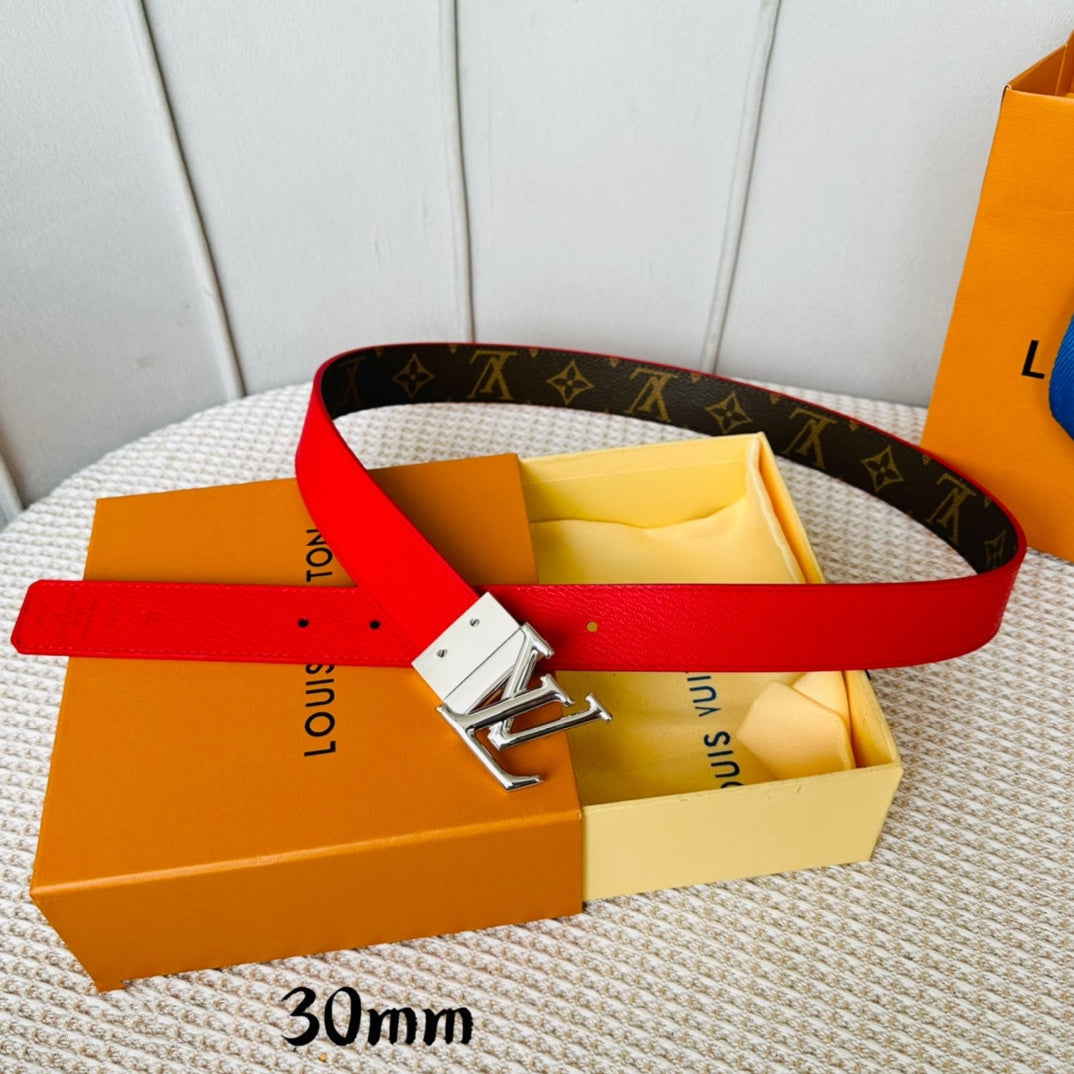 LV Initiales 30mm Reversible Belt Silver Rotating Buckle Red Brown Leather - 30