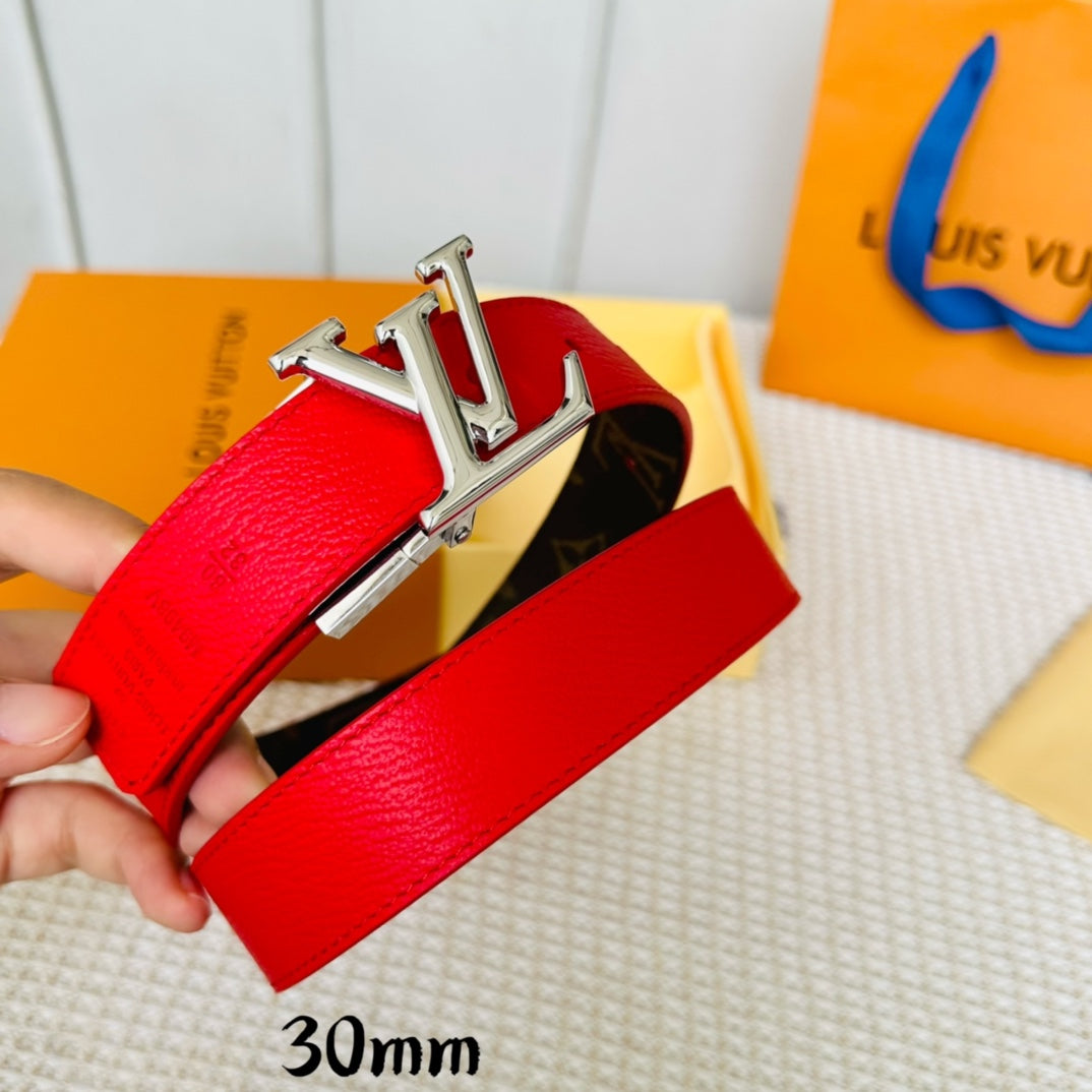 LV Initiales 30mm Reversible Belt Silver Rotating Buckle Red Brown Leather - 30