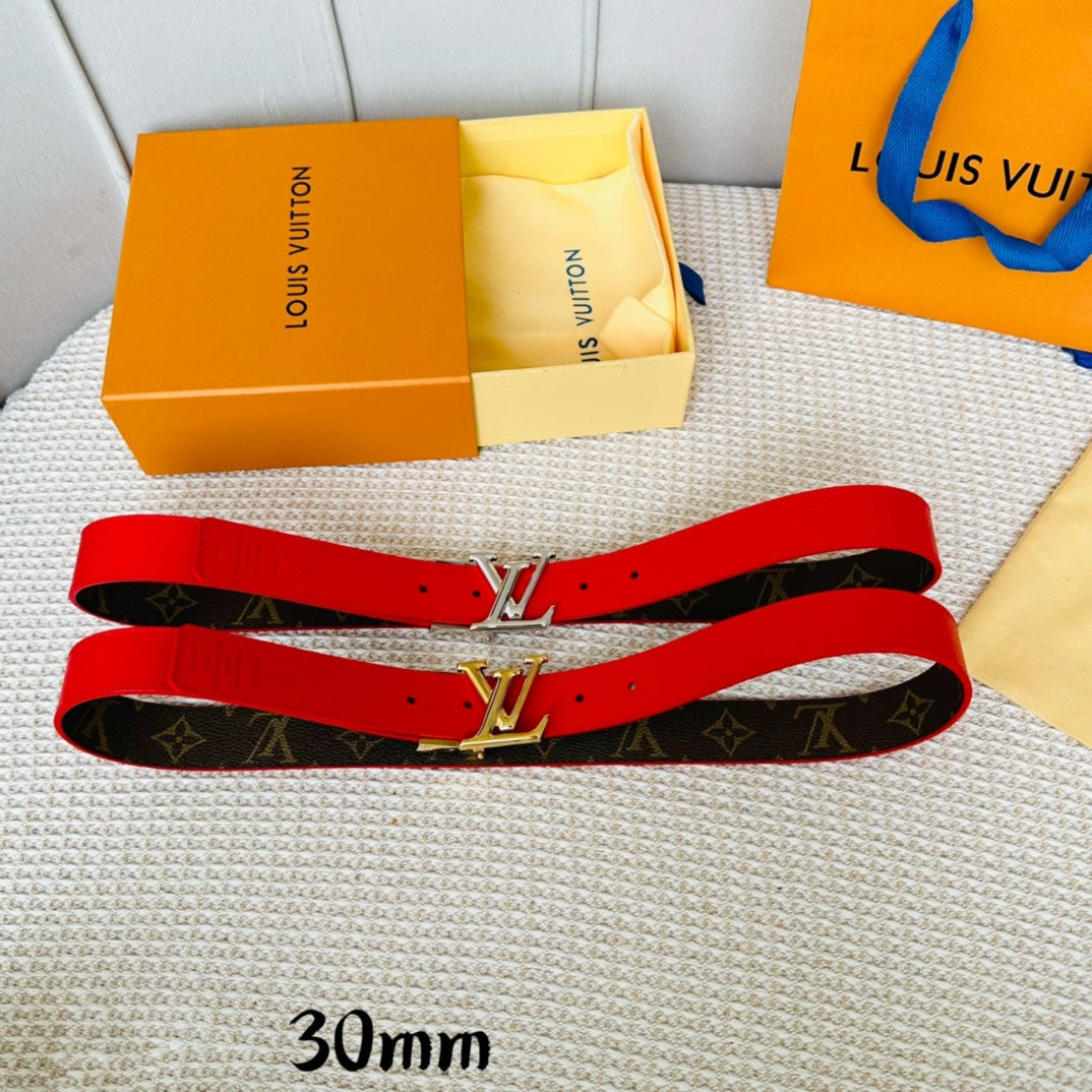 LV Initiales 30mm Reversible Belt Silver Rotating Buckle Red Brown Leather - 30