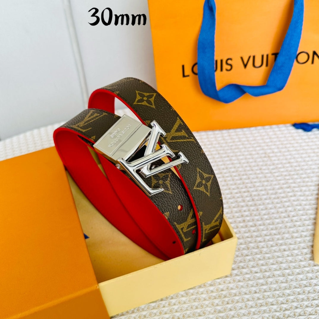 LV Initiales 30mm Reversible Belt Silver Rotating Buckle Red Brown Leather - 30