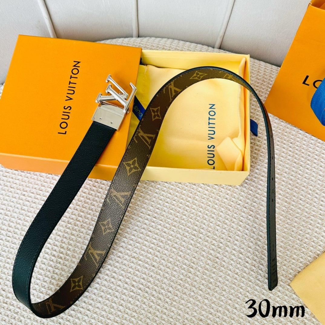 LV Initiales 30mm Reversible Belt Silver Rotating Buckle Black Brown Leather - 30