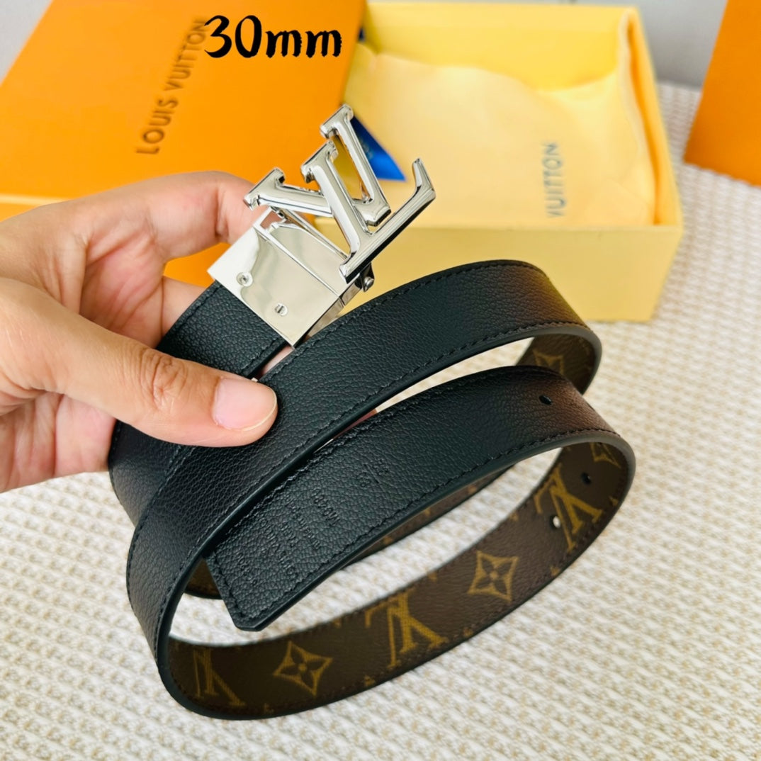 LV Initiales 30mm Reversible Belt Silver Rotating Buckle Black Brown Leather - 30