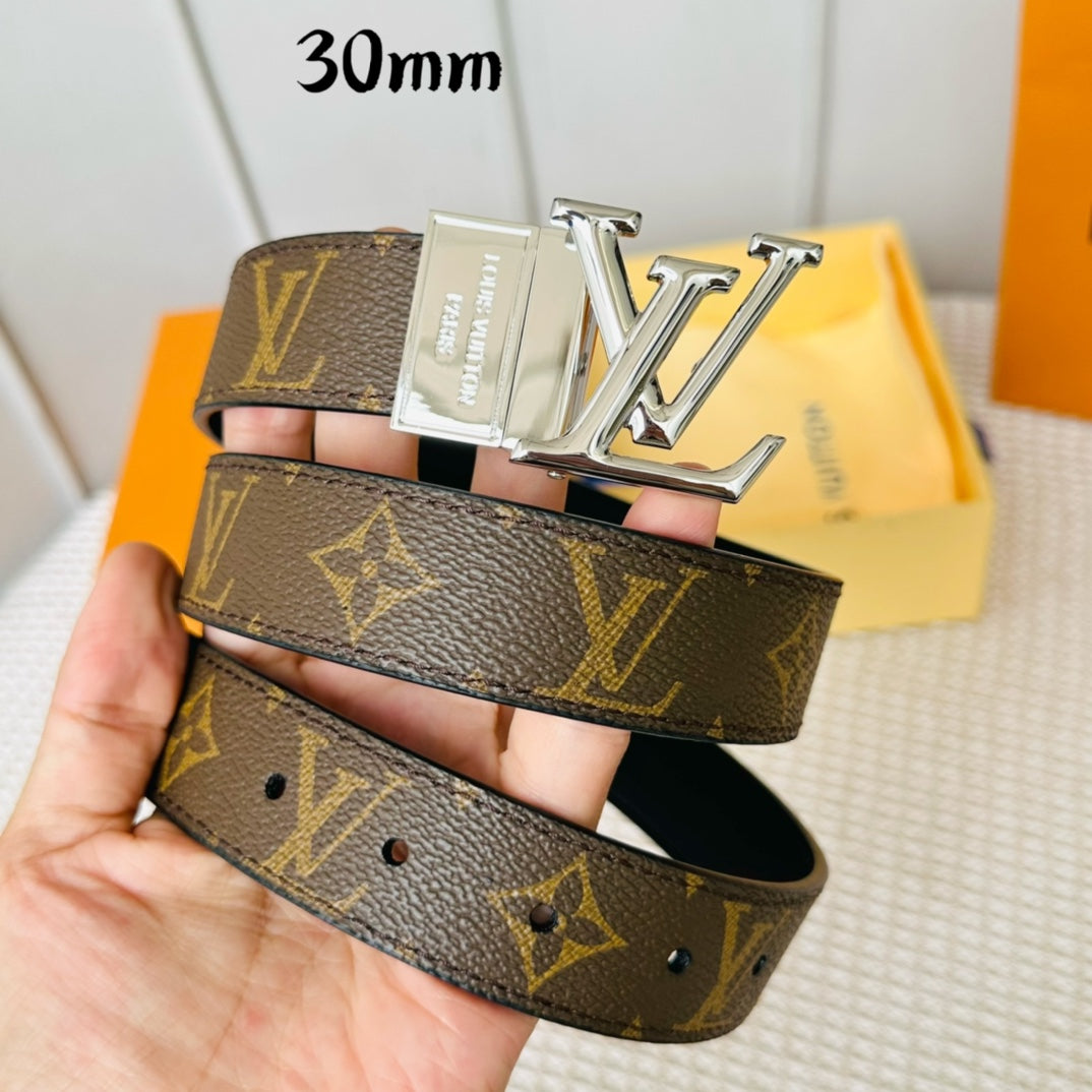 LV Initiales 30mm Reversible Belt Silver Rotating Buckle Black Brown Leather - 30
