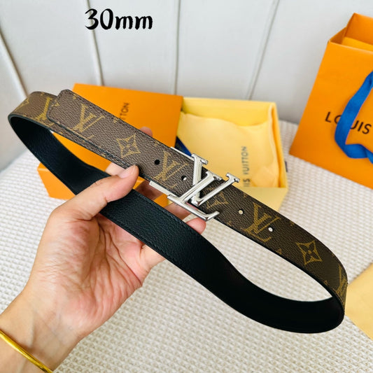 LV Initiales 30mm Reversible Belt Silver Rotating Buckle Black Brown Leather - 30