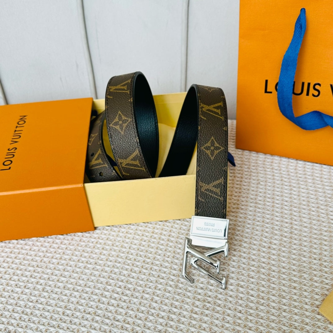 LV Initiales 30mm Reversible Belt Silver Rotating Buckle Black Brown Leather - 30