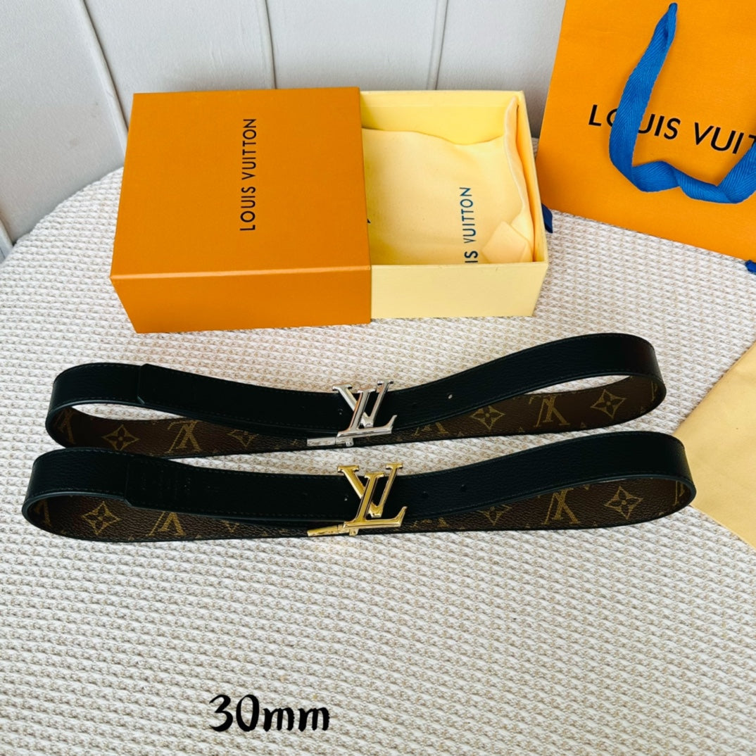 LV Initiales 30mm Reversible Belt Silver Rotating Buckle Black Brown Leather - 30