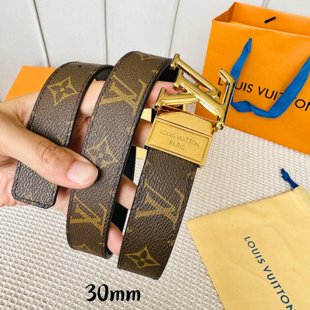 LV Initiales 30mm Reversible Belt Gold Rotating Buckle Black Brown Leather - 30