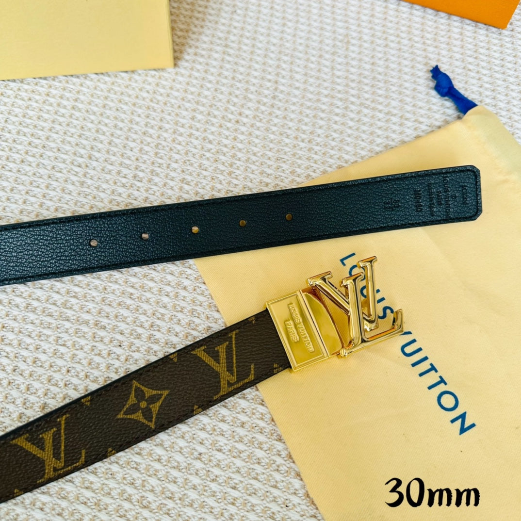 LV Initiales 30mm Reversible Belt Gold Rotating Buckle Black Brown Leather - 30