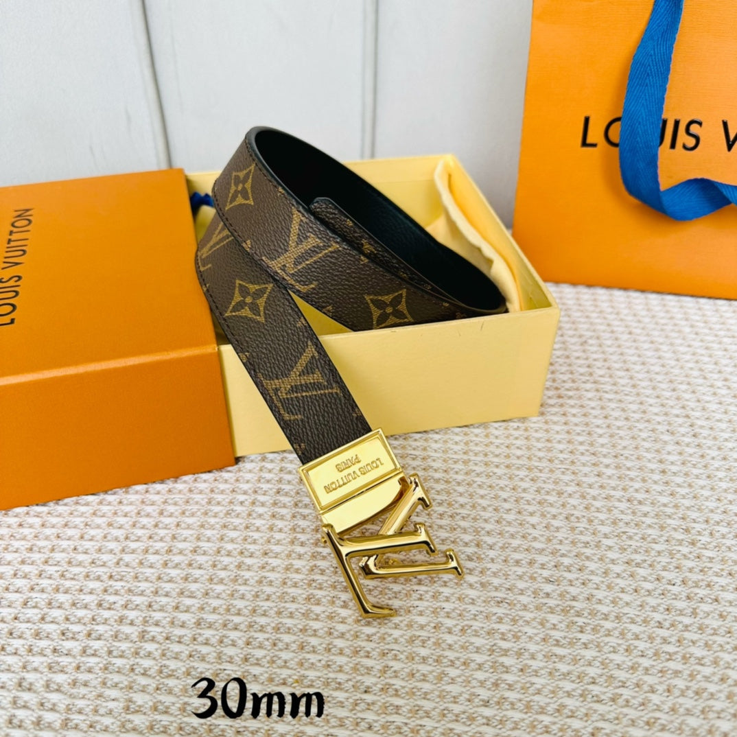 LV Initiales 30mm Reversible Belt Gold Rotating Buckle Black Brown Leather - 30