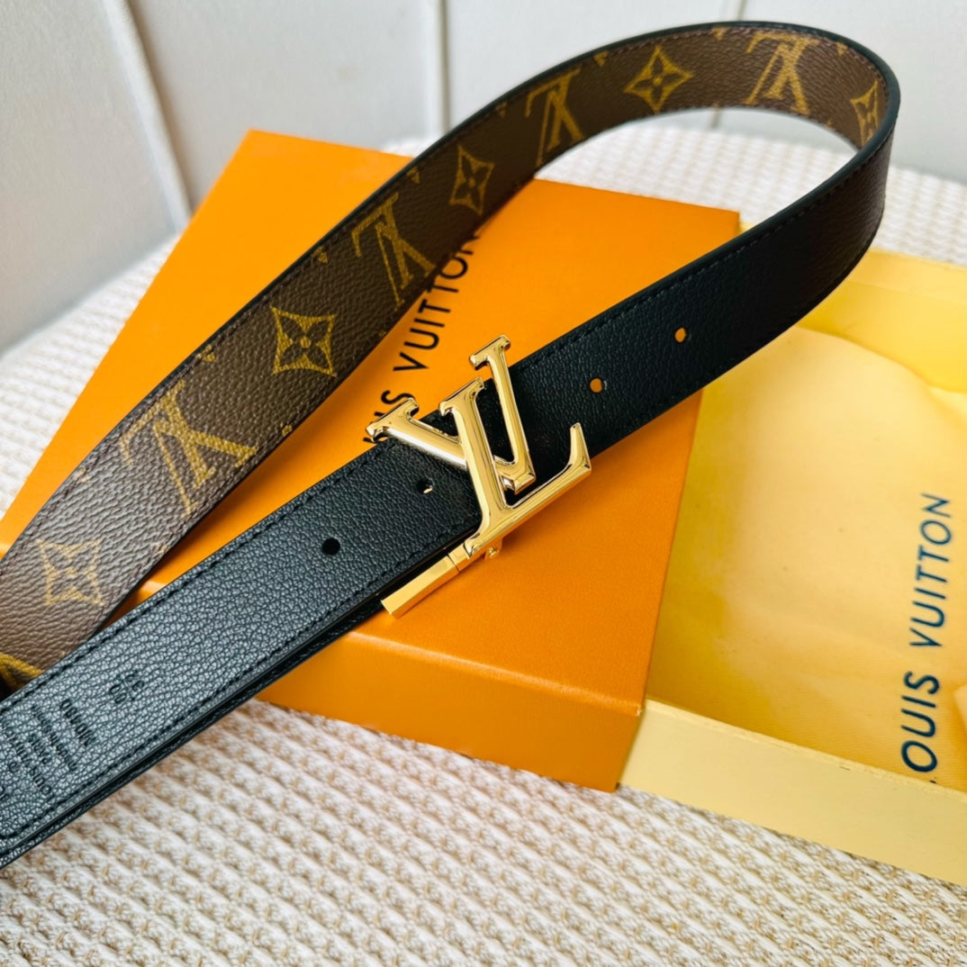 LV Initiales 30mm Reversible Belt Gold Rotating Buckle Black Brown Leather - 30
