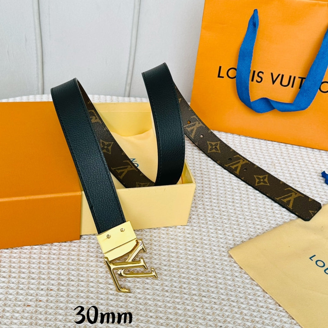 LV Initiales 30mm Reversible Belt Gold Rotating Buckle Black Brown Leather - 30