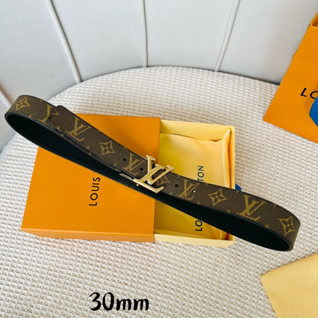 LV Initiales 30mm Reversible Belt Gold Rotating Buckle Black Brown Leather - 30