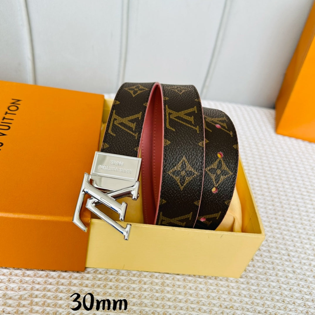 LV Initiales 30mm Reversible Belt Silver Rotating Buckle Pink Brown Leather - 30