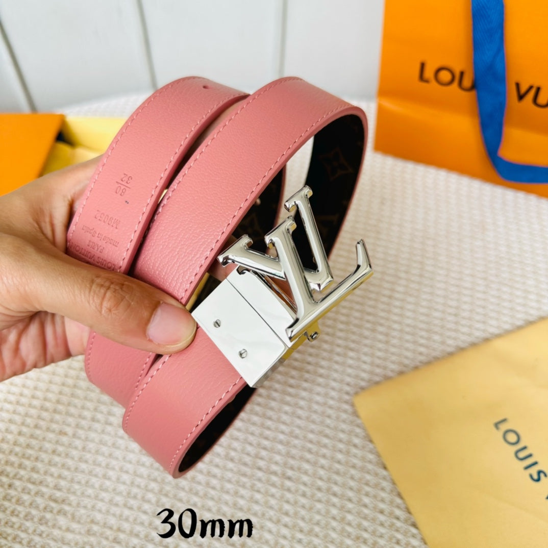LV Initiales 30mm Reversible Belt Silver Rotating Buckle Pink Brown Leather - 30