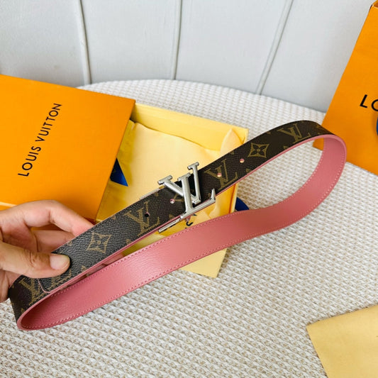 LV Initiales 30mm Reversible Belt Silver Rotating Buckle Pink Brown Leather - 30