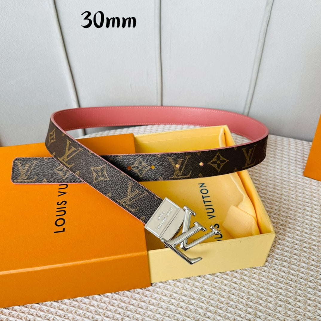 LV Initiales 30mm Reversible Belt Silver Rotating Buckle Pink Brown Leather - 30