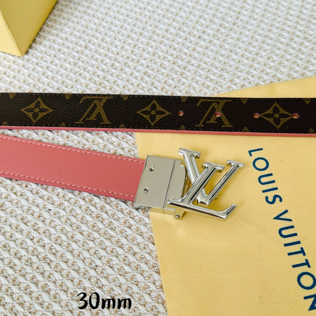 LV Initiales 30mm Reversible Belt Silver Rotating Buckle Pink Brown Leather - 30